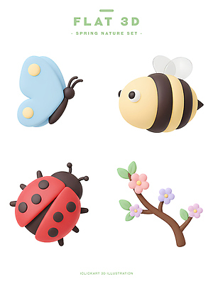 PSD 나무 편집이미지 꽃 나비 곤충 자연 3D 봄 벌 무당벌레 편집3D 식물 동물 계절 디지털합성 생태계 파일형식