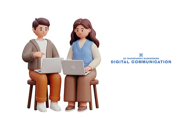 PSD 편집이미지 커뮤니케이션 협력 아이디어 대화 사람 앉기 노트북 컴퓨터 디지털 과학기술 가리킴 작업 모던 소통 편집3D 컨셉 모션 기술 말하기 손짓 전자제품 3D 파일형식