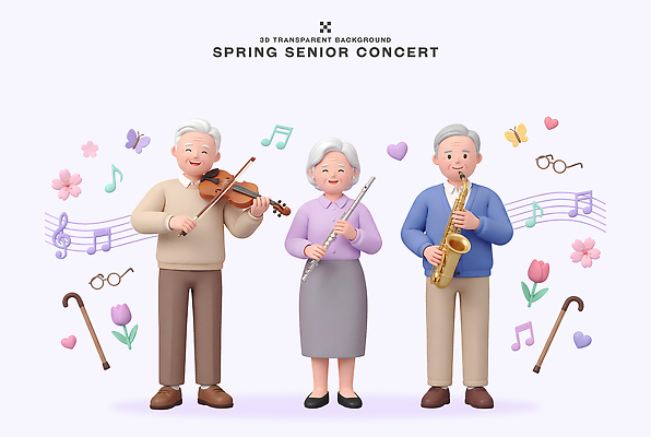 PSD 편집이미지 노년 악기 음악 연주 음표 봄 콘서트 공연 기쁨 색소폰 플루트 바이올린 즐거움 음악회 편집3D 기호 계절 감정 현악기 문화예술 관악기 이벤트 성인 3D 목관악기 파일형식