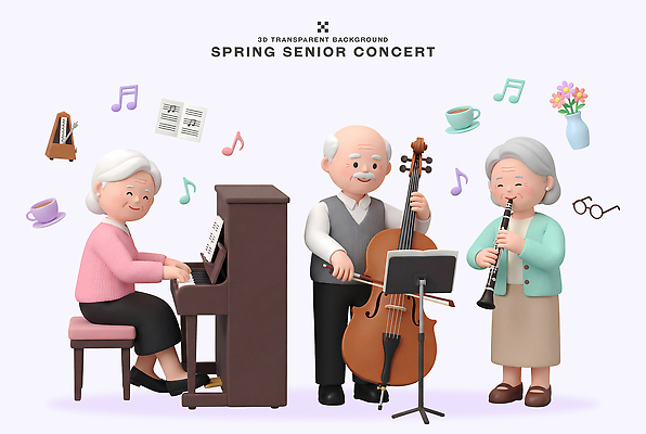 PSD 편집이미지 노년 음악 연주 친구 봄 공연 무대 피아노 즐거움 첼로 음악회 클라리넷 편집3D 계절 감정 관계 문화예술 이벤트 성인 3D 건반악기 목관악기 파일형식 찰현악기