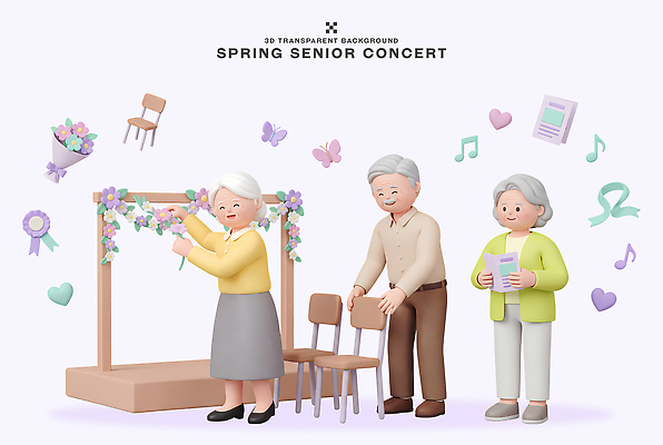 PSD 편집이미지 노년 할머니 음악 의자 모션 이벤트 장식 봄 콘서트 무대 준비 정리 음악회 편집3D 계절 여자 가구 문화예술 성인 3D 공연 파일형식