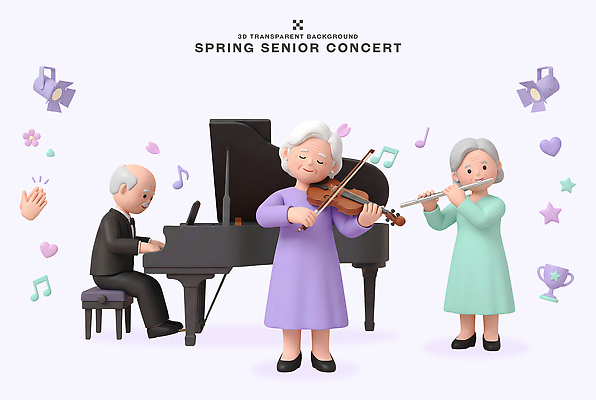 PSD 편집이미지 노년 음악 연주 봄 콘서트 공연 모임 무대 피아노 플루트 바이올린 즐거움 화합 음악회 합주 편집3D 계절 감정 현악기 문화예술 관악기 이벤트 성인 3D 건반악기 파일형식