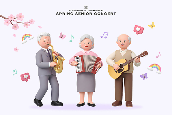 PSD 편집이미지 노년 악기 음악 연주 친구 봄 콘서트 모임 기타 색소폰 연령 즐거움 음악회 아코디언 뷰티풀 편집3D 계절 감정 관계 현악기 문화예술 성인 3D 공연 건반악기 목관악기 파일형식