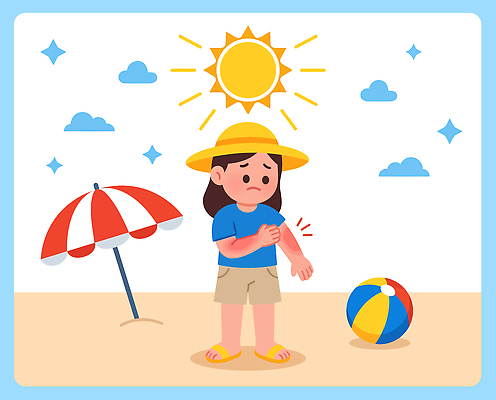 어린이 일러스트 공 모션 물놀이 표정 소녀 해변 여름 햇빛 태양 파라솔 샌들 피부 팔 화상 국내일러스트 AI파일 자연요소 계절 여자 바다 신발 놀이 사람 신체부위 상처 파일형식 벡터