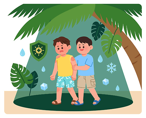 나무 수영복 잎 일러스트 모션 자연 소년 해변 야외 여름 친구 걷기 숲 샌들 어깨 부축 열사병 국내일러스트 AI파일 식물 옷 계절 남자 어린이 바다 신발 관계 신체부위 질병 생태계 파일형식 벡터