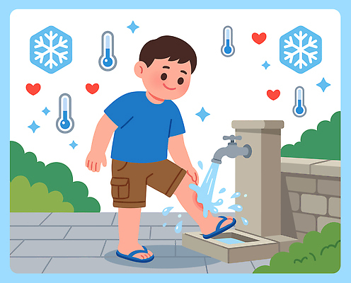 일러스트 모션 발 소년 잔디 물 여름 시원함 외출 수도꼭지 기온 국내일러스트 AI파일 자연요소 식물 계절 남자 어린이 날씨 신체부위 파일형식 벡터