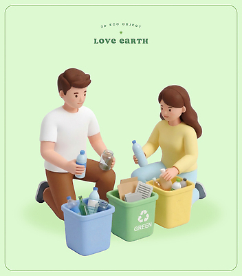 PSD 편집이미지 여자 남자 지구 자연보호 깨끗함 재활용 쓰레기통 보호 쓰레기 친환경 분리수거 공동체 편집3D 컨셉 자연 사람 3D 환경 파일형식