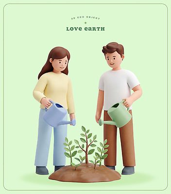 PSD 나무 식물 편집이미지 여자 남자 지구 새싹 환경 정원 흙 보호 물주기 긴바지 도와주기 편집3D 컨셉 바지 모션 사람 3D 파일형식