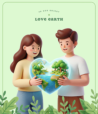PSD 나무 식물 편집이미지 지구 자연 사람 두명 물 환경 보호 친환경 편집3D 자연요소 컨셉 3D 생태계 파일형식