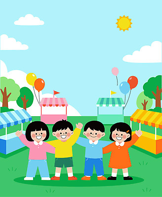 나무 어린이 백그라운드 일러스트 놀이 하늘 웃음 친구 축제 어린이날 즐거움 풍선 부스 국내일러스트 AI파일 식물 기념일 감정 관계 표정 사람 파일형식 벡터