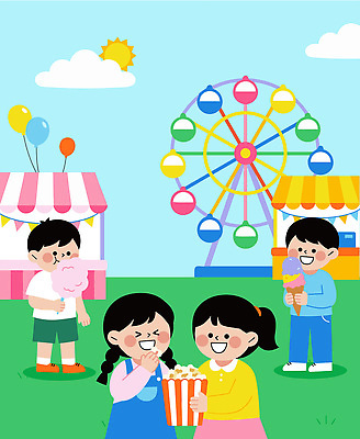 행복 어린이 음식 일러스트 가족 놀이 아이스크림 웃음 친구 축제 놀이기구 어린이날 팝콘 대관람차 풍선 솜사탕 국내일러스트 AI파일 기념일 감정 관계 디저트 표정 사람 파일형식 벡터