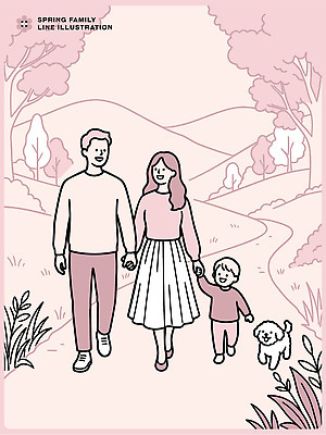 나무 행복 어린이 일러스트 가족 자연 함께함 부모 손잡기 봄 산책 시간 개 언덕 봄소풍 국내일러스트 AI파일 식물 계절 감정 컨셉 포유류 관계 모션 휴식 사람 소풍 생태계 파일형식 벡터