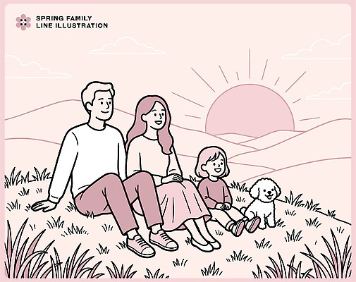 부부 행복 어린이 일러스트 가족 자연 휴식 함께함 사랑 웃음 풍경 반려동물 소풍 일몰 봄 강아지 언덕 봄소풍 국내일러스트 AI파일 동물 커플 계절 감정 컨셉 관계 표정 사람 야외활동 노을 개 생태계 파일형식 벡터