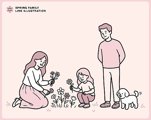 식물 꽃 딸 일러스트 가족 자연 엄마 함께함 사랑 반려동물 정원 봄 기쁨 아빠 개 즐거움 돌봄 봄소풍 국내일러스트 AI파일 동물 계절 감정 컨셉 포유류 관계 모션 소풍 생태계 파일형식 벡터