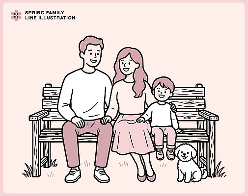 공원 행복 반려견 어린이 벤치 일러스트 가족 함께함 사랑 미소 부모 봄 시간 개 봄소풍 국내일러스트 AI파일 계절 공공시설 감정 컨셉 의자 포유류 관계 표정 사람 반려동물 소풍 파일형식 벡터