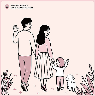 행복 어린이 일러스트 가족 자연 함께함 사랑 부모 걷기 봄 산책 강아지 외출 봄소풍 국내일러스트 AI파일 계절 감정 컨셉 관계 모션 휴식 사람 반려동물 소풍 개 생태계 파일형식 벡터