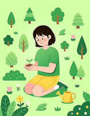 나무 식물 꽃 어린이 일러스트 자연 초록색 환경 정원 숲 식목일 즐거움 물주기 자연관찰 국내일러스트 AI파일 기념일 감정 컬러 모션 사람 관찰 생태계 파일형식 벡터
