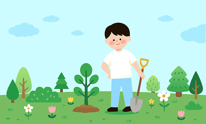 나무 식물 꽃 어린이 일러스트 자연 하늘 풍경 소년 초록색 환경 정원 성장 숲 땅 삽 식목일 심기 국내일러스트 AI파일 기념일 남자 컬러 모션 사람 생태계 파일형식 벡터