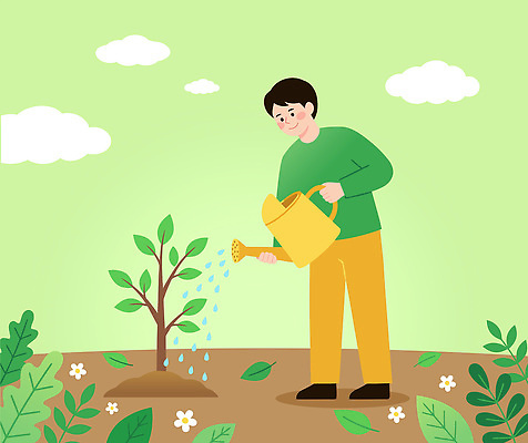 나무 식물 남자 꽃 일러스트 자연 초록색 환경 정원 흙 물뿌리개 성장 작업 숲 식목일 물주기 국내일러스트 AI파일 기념일 컬러 모션 사람 생태계 파일형식 벡터