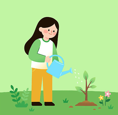 나무 식물 꽃 일러스트 자연 소녀 초록색 환경 정원 성장 숲 식목일 물주기 심기 국내일러스트 AI파일 여자 기념일 어린이 컬러 모션 생태계 파일형식 벡터