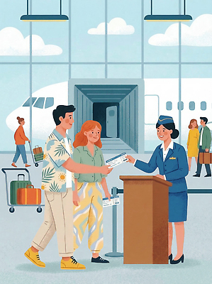 PSD 여자 남자 여행 이동 일러스트 비행기 대화 사람 여러명 캐리어 짐 공항 승무원 항공권 고객 서비스 출발 승객 대기실 체크인 국내일러스트 직업 다수 컨셉 항공교통 교통시설 대중교통 말하기 여행가방 공간 티켓 파일형식