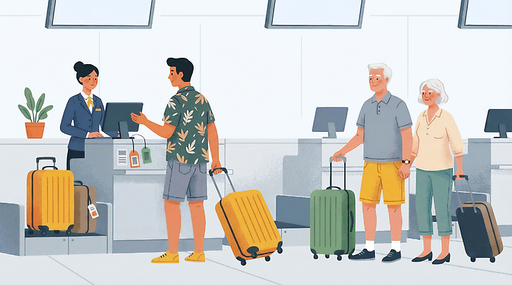 PSD 여행 일러스트 대화 사람 여름 여행객 짐 공항 계산대 직원 준비 수하물 여행준비 체크인 항공사 국내일러스트 계절 산업 교통시설 말하기 파일형식