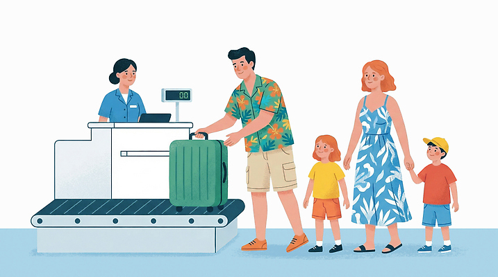 PSD 여행 이동 일러스트 엄마 휴가 비행기 사람 여름 여행가방 짐 대기 아빠 공항 계산대 준비 수하물 체크인 국내일러스트 계절 컨셉 가방 가족 항공교통 교통시설 대중교통 파일형식