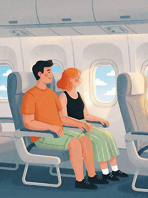 PSD 여자 남자 여행 의자 일러스트 하늘 비행기 대화 사람 두명 여름 공항 편안함 즐거움 출발 창밖 기내 국내일러스트 계절 감정 가구 컨셉 창문 항공교통 교통시설 대중교통 말하기 감각 공공장소 파일형식