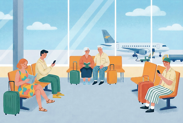 PSD 여행 의자 일러스트 창문 비행기 대화 사람 여러명 책 핸드폰 짐 대기 기다림 공항 편안함 승객 대기실 국내일러스트 가구 다수 항공교통 교통시설 모션 대중교통 말하기 전자제품 공간 감각 파일형식