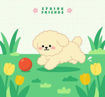 꽃 일러스트 공 자연 놀이 잔디 초록색 친구 반려동물 달리기 귀여움 봄 튤립 강아지 즐거움 놀기 국내일러스트 AI파일 식물 동물 계절 감정 컬러 컨셉 관계 모션 개 생태계 파일형식 벡터