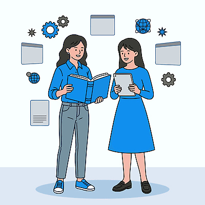 여자 교육 일러스트 협력 기술 이야기 대화 책 학습 태블릿 디지털 자료 정보 소통 국내일러스트 AI파일 컨셉 말하기 사람 전자제품 스마트기기 파일형식 벡터