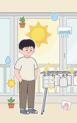 식물 창 일러스트 모션 날씨 실내 소년 일상 생활 여름 햇빛 방 청소 에어컨 걸이 기온 국내일러스트 AI파일 계절 남자 무기 어린이 내부 라이프 태양 가전제품 파일형식 벡터