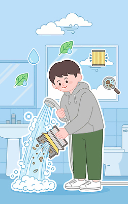 남자 어린이 잎 일러스트 모션 물 여름 욕실 물방울 씻기 청소 세면대 화장실 필터 국내일러스트 AI파일 자연요소 식물 계절 사람 청결 파일형식 벡터