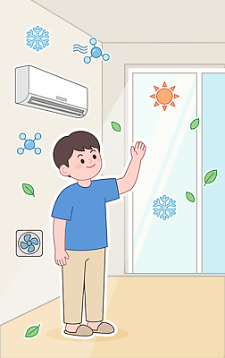 일러스트 창문 바람 날씨 실내 소년 여름 햇빛 차가움 온도 기온 국내일러스트 AI파일 자연요소 계절 남자 어린이 내부 태양 파일형식 벡터