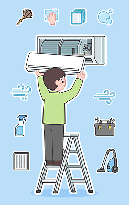 남자 일러스트 사다리 기술 여름 가전제품 도구 공구 작업 수리 청소 에어컨 청소기 점검 국내일러스트 AI파일 계절 사람 전자제품 청소도구 파일형식 벡터