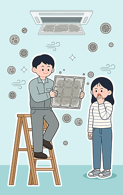 여자 남자 일러스트 사다리 실내 건강 생활 여름 놀람 작업 수리 위생 청소 에어컨 서비스 먼지 박테리아 점검 필터 국내일러스트 AI파일 계절 감정 의학 표정 사람 내부 가전제품 도구 파일형식 벡터