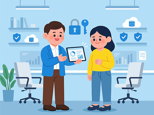 여자 남자 일러스트 기술 대화 웃음 태블릿 사무실 디지털 자료 정보 업무 프레젠테이션 분석 보여주기 보험 전문 상호작용 국내일러스트 AI파일 컨셉 비즈니스 모션 표정 말하기 사람 전자제품 스마트기기 작업 파일형식 벡터