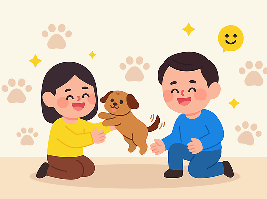 동물 행복 반려견 일러스트 가족 놀이 사랑 웃음 사람 앉기 친구 반려동물 강아지 발자국 교감 놀기 순간 애완 동물보험 국내일러스트 AI파일 감정 관계 자국 모션 표정 개 보험 파일형식 벡터