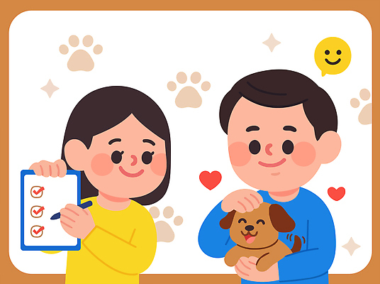 동물 행복 반려견 일러스트 사랑 사람 반려동물 귀여움 기쁨 강아지 발자국 주인 관심 돌봄 목록 보살핌 체크리스트 동물보험 국내일러스트 AI파일 감정 컨셉 자국 모션 개 보험 파일형식 벡터