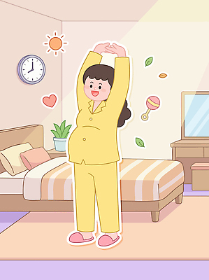 식물 여자 행복 시계 일러스트 아침 일상 생활 노란색 스트레칭 임산부 방 잠옷 국내일러스트 AI파일 주간 옷 감정 컬러 사람 라이프 운동 임신 파일형식 벡터