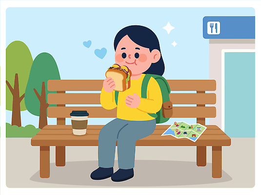 식물 공공시설 감정 음료 음식 컨셉 의자 모션 휴식 야외활동 파일형식 벡터 샌드위치 벤치 사람 커피 지도 공원 나무 먹기 앉기 외출 점심 즐거움 여행 소풍 국내일러스트 일러스트 AI파일 휴게소