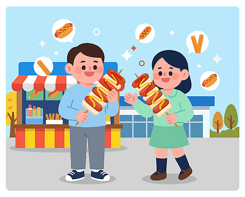 감정 음식 컨셉 휴식 디저트 패스트푸드 표정 말하기 꼬치 파일형식 벡터 츄러스 소떡소떡 핫도그 상점 대화 웃음 즐거움 거리 맛 길거리음식 국내일러스트 일러스트 AI파일 휴게소