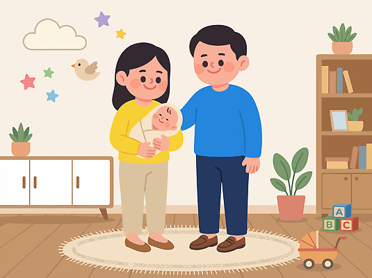 자연요소 감정 가구 컨셉 가족 관계 표정 사람 오브젝트 파일형식 벡터 부모 아기 행복 방 식물 선반 별 놀이방 장난감 카펫 공간 사랑 함께함 웃음 생활 아기용품 국내일러스트 일러스트 AI파일 육아