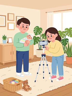 감정 컨셉 가족 관계 사람 내부 전자제품 파일형식 벡터 부모 아기 카메라 촬영 실내 순간 행복 사랑 장난감 식물 오브젝트 모션 함께함 국내일러스트 일러스트 AI파일 육아