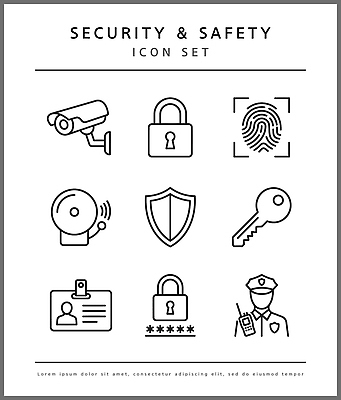 일러스트 열쇠 자물쇠 안전 경찰 암호 보호 보안 감시 방패 감시카메라 사원증 지문 소방비상벨 국내일러스트 AI파일 직업 컨셉 비즈니스 카메라 소방 파일형식 벡터