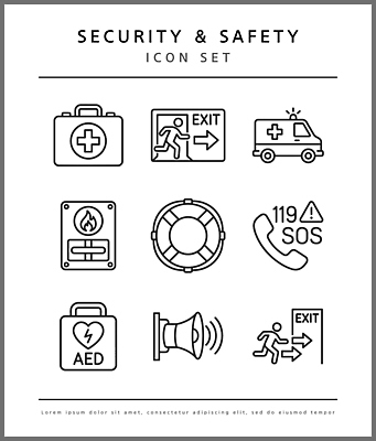 일러스트 출입구 경고 안전 소리 구급차 소화기 비상구 119 사이렌 응급치료 자동제세동기 구명부환 국내일러스트 AI파일 의학 자동차 치료 안전장비 소방 튜브 전화번호 파일형식 벡터