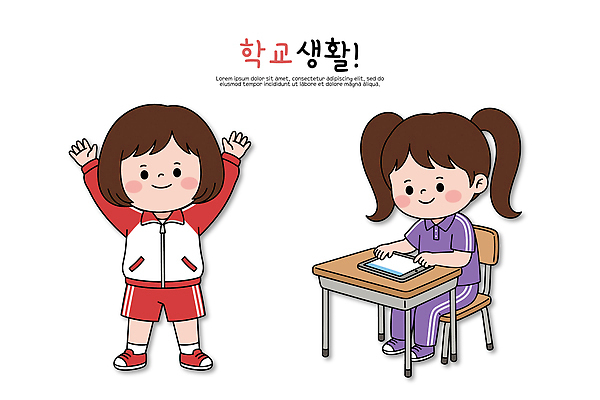 어린이 일러스트 교실 학교 수업 초등학교 두명 친구 운동복 학습 운동 책상 즐거움 국내일러스트 AI파일 옷 교육 감정 가구 관계 건강 사람 파일형식 벡터
