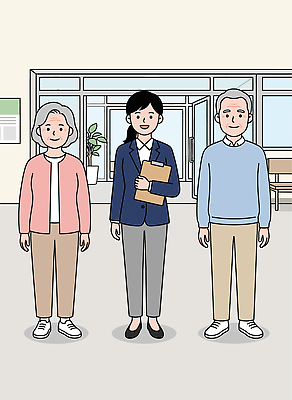 노년 일러스트 실내 건강 여러명 도움 상담원 사회복지 서비스 상담 노인복지 대기실 서류판 지원 국내일러스트 AI파일 다수 컨셉 사람 성인 내부 사무용품 공간 사무원 복지 파일형식 벡터