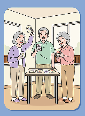 노년 일러스트 탁자 대화 웃음 사람 취미 친구 방 게임 카드 즐거움 국내일러스트 AI파일 감정 가구 관계 놀이 표정 말하기 성인 파일형식 벡터