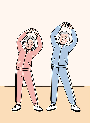 손 여자 노년 남자 일러스트 함께함 건강 미소 운동복 운동 스트레칭 국내일러스트 AI파일 옷 컨셉 표정 사람 성인 신체부위 파일형식 벡터